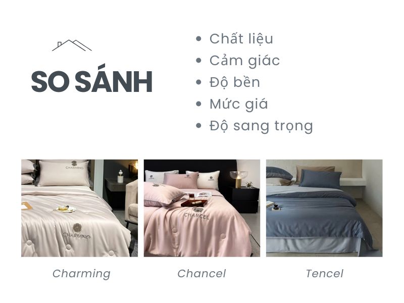 So sánh bộ chăn ga Charming – Chancel – Tencel So sánh bộ chăn ga Charming – Chancel – Tencel